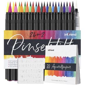 Brush Pen Set: 24 Watercolor Pens, 2 Water Brushes, 20 Sheets, 5 Stencils – Ideal for Calligraphy, Handlettering & Art Projects