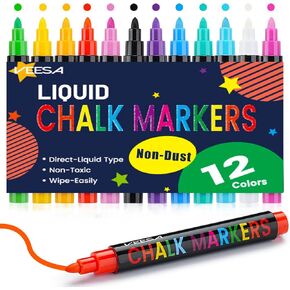 VEESA Chalk Markers, 12 Colors Wet Erase Marker Pens for Kids & Adults, Erasable, Non-Toxic, Water-Based, Chalkboard Markers for Businesses, Restaurants, Liquid Chalk Markers