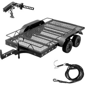 1/10 RC Trailer for Hauling Behind Car, Metal Flatbed Trailer Builder Kit for RC Crawler TRX4 TRX6 SCX10 Gen7 Gen8 Upgrades, Hook Hitch and Receiver, Kinetic Winch Strap Included