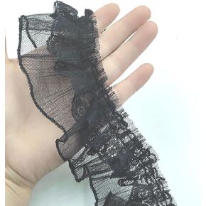3 Yards Black 2 Layers Pleated Chiffon Elastic Lace Ruffle Trim Chiffon Ribbon Applique Sewing for Wedding Bridal Dress Clothes Decorations Sewing Supplies DIY Craft Handmade 1.5"Inch