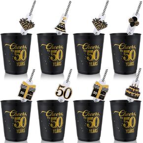 32 Pack Cheers to 50 Years Birthday Party Cups 16oz Plastic Stadium Cups with Birthday Party Disposable Drinking Paper Straws and Straw Decorations for Women Men Birthday Retirement Decoration