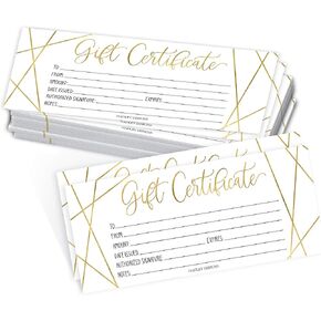 Hadley Designs 25 Gold Geo Blank Gift Certificates for Small Business-Elegant Paper Voucher, Hair & Nail Salon, Restaurants, DIY Coupon Cards for Birthday, Mom Valentines Day, Him and Her-4x9"