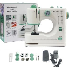 Portable Sewing Machine for Beginners, 16 Built-in Stitches and Reverse Sewing, adjustable sewing speed, small sewing machine with two needle types, foot pedal, Family Home Travel