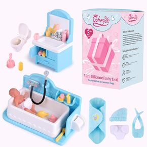 Babeside Mini Silicone Baby Baby Dolls ، 3 بوصة دمى الأطفال حديثي الولادة واقعية كاملة السيليكون نوم صغير دمى الطفل المصغرة حياة حقيقية طفلة صغيرة مع إكسسوارات لعبة الحمام (الأزرق)