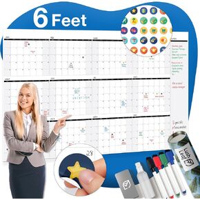 Dry Erase Calendar for Wall, 48"x74" - Undated, Reusable, Yearly - Large Whiteboard For School, Classroom & Office, Includes Markers, Eraser & Accessories