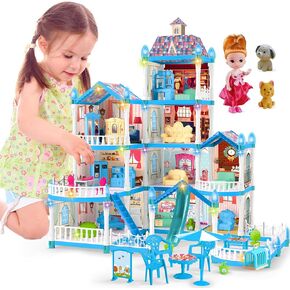 Doll House for Girls,10 Rooms Blue House Toy with Dolls Figure, Puppies,Furnitures, Accessories, Kids Playhouse Gift for for 3 4 5 6 7 8 9 10 Year Old