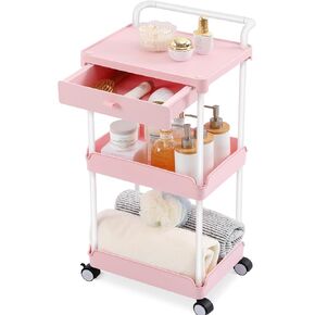 TOOLF Rolling Storage Cart with Drawer, 3 Tier Rolling Utility Cart with Tabletop, Rolling Cart Organizer for Teacher Craft Baby Nursery, Utility Cart for Kitchen Bathroom Bedside Office