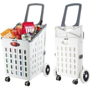 Portable Folding Shopping Cart,White Foldable Grocery Cart on Wheels,Collapsible Rolling Trolley Cart,Rolling Swivel Wheels,Utility Carts for Grocery Laundry Shopping Home