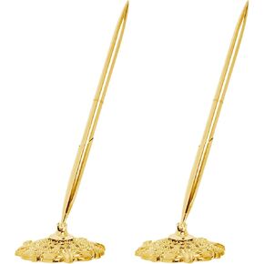 2 Pcs Gold Hollow Round Pen Holder Metal Pen Stand Holder Set Signing Pen Set Signing Desk Ballpoint Pens for Guest Book Wedding Birthday Party Graduation Teacher Office Business