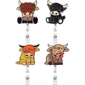 Kigeli 4 Pcs Highland Cow Badge Reel Retractable Glitter Cute Badge Reels Funny ID Name Holder with Swivel Clip Nurse for Nurse Doctor Teacher(Classic Style)