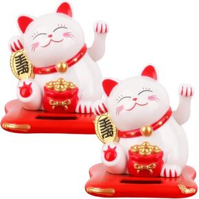 2PCS Lucky Cat Waving Arm Set, Small Solar Powered Cute Waving Cat Good Luck Wealth Welcoming Beckoning Cats for Home Display Car Decor Business Stores Openings