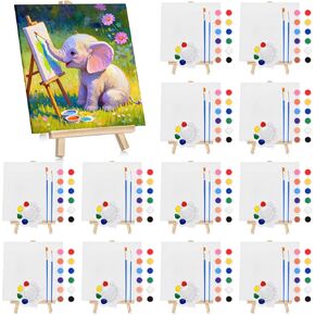 12 Set Acrylic Paint Canvas Set – 4x4 Inch Mini Canvas Painting Kit with 12 Wood Easels, 24 Brushes, 12 Paint Sticks, 12 Palettes – Art Supplies for Kids & Beginners, Ideal for Parties & DIY Painting