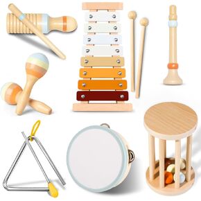 Baby Musical Instruments-Neutral Colors Musical Toys for Toddlers 1-3, Montessori Wooden Percussion Instruments Set with Modern Boho Xylophone for Kids Preschool Educational Birthday Gifts