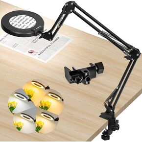 HITTI Ultra Long 12X Magnifying Glass with Light and Clamp, 5 Color Modes Steepless Dimming Desk Lamp, Swivel Arm Workbench Light, Hands Free Lighted Magnifier Stand for Craft Reading Soldering