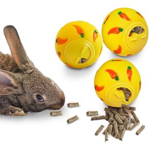 CoCoo Rabbit & Cat Feeding Ball, Food and Treat Dispenser, Slow Feeder for Bunnies, Physical and Mental Workout for Pets, Exercise Tool, Yellow, 3" (Diameter), 3 Pcs Per Pack 