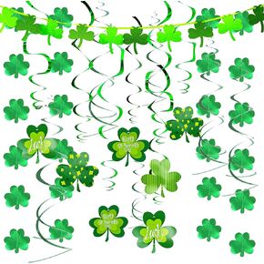 JOYIN 27 Pcs St. Patrick's Day Decoration with Irish Saint Patricks Green Shamrock Foil Strings, Hanging Swirls with Garland. Ceiling Hanging and Wall Decor