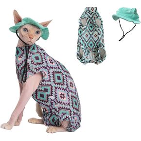 Sphynx Cat Clothes Cooling Shirt & Hat Summer Set, Breathable UPF Sun Protection for Devon Rex Sphynx Cats (L(5.5-8lbs))