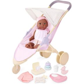 Lullababy 14-inch Realistic Baby Doll Diaper & Care Accessories Bundle Brown Eyes & Soft Body Pretend Play Toys Baby Doll & Jogging Stroller Set Kids Ages 2 Years Old & Up