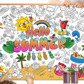 HOWAF Giant Hello Summer Coloring Poster with 24pcs (24 Colors) Paint Pens, Jumbo Summer Coloring Banner for Kids Pool Party Game Activities Supplies, Large Hello Summer Coloring Table Cover