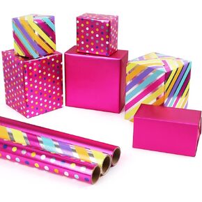 Molmeng Foil Pink Gift Paper Roll -3 Rolls 17 "× 120" لكل لفة الفضة الساخنة الفضة الحمراء.