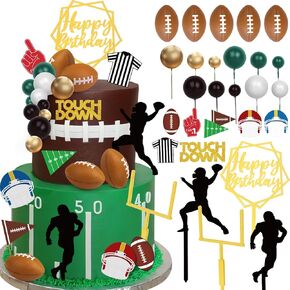 28 Pieces Football Cake Decorations Football Cake Toppers with Mini Footballs, Rugby Ball Player, Touch Down, Goal Post Cupcake Toppers for Football Sports Birthday Party Decor Game Day Party Supplies
