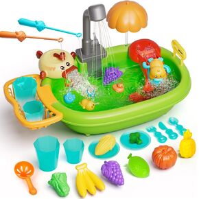 Color Changing Kitchen Play Sink Toys, Toddler Pretend Play - Kids Sink with Running Water with Electric Faucet, Bath Bubble Machine, Kitchen Toy Accessories, Floating Pool Toys & Fishing Game