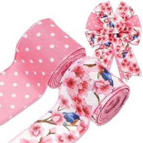 Spring Floral Wired Edge Ribbons Pink Flower Bird Dot Decorative Fabric Wrapping Ribbons for DIY Crafts Wreath Bow Making Supplies, 2 Rolls, 20 Yard