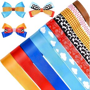 10Rolls Cartoon Story Grosgrian Ribbon Blue Sky White Cloud Cow Red Bandana Yellow Plaid Printed Ribbon for Baby Shower for Gift Wrapping Ornaments Making DIY Craft