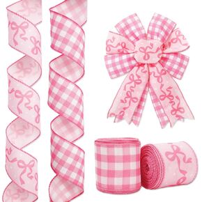 Pink Bow Wired Edge Ribbon Coquette Ribbon Bow Plaid Craft Fabric Ribbon for DIY Crafts Wreath Bow Making, 2 Rolls, 20 Yards