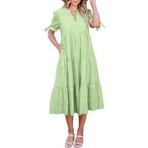 ECOWISH Women Summer Casual Dress - V Neck Short Sleeve Midi Pleated Tiered Plaid Loose Maternity Holiday Picnic Dresses