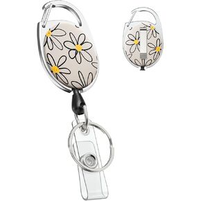 Uniclife Floral Retractable Badge Reel for Badge Holder White Flower Heavy Duty Retractable Keychain Strong ABS Casing with Stainless Steel Spring Coil 24 Inch Nylon Rope Carabiner Clip and Key Ring