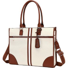 MOSISO Laptop Bag for Women, 15.6 inch PU Leather Laptop Tote Work Bag Purse with Front Zipper Pocket, Large Capacity Waterproof Patchwork Stripe Computer Briefcase for Business Office Work, Brown