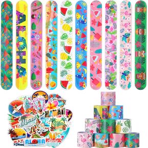 40 Pieces Hawaiian Theme Slap Bracelets with 50 Pieces Hawaii Stickers Summer Hawaii Snap Bracelet for Adult Luau Tropical Gifts Birthday Party Favors