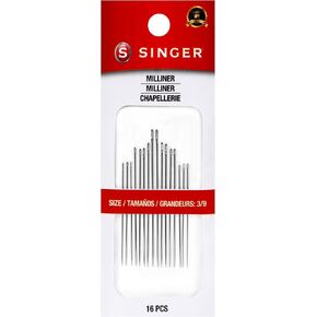 SINGER Milliner Hand Needles Set - Assorted Sizes 3-9, Long Slender Shaft, Small Round Eye, Nickel-Plated Steel, Ideal for Hat Making & Detailed Embroidery, 16pc