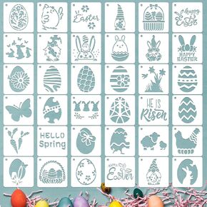 Konsait 36 Pcs Easter Stencils for Painting on Wood, Reusable Easter Templates Chicks Eggs Rabbit Carrot Happy Easter for Easter Party Decorations, Plastic Spring Stencils for Art Crafts