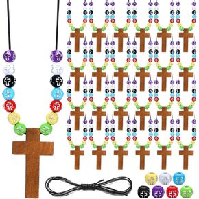 Kathfly 277 Pcs DIY Wood Cross Pendant Necklace Rosary Cross Religious Charms Crafts Kit Colorful Cross Beads Rosary Beads for Men Women