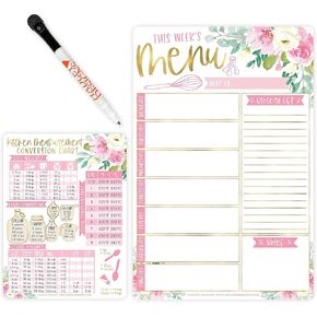 Hadley Designs Weekly Meal Planner Dry Erase Board for Refrigerator-Floral Magnetic Weekly Menu Board for Kitchen Conversion Chart, Magnetic Meal Planner for Refrigerator