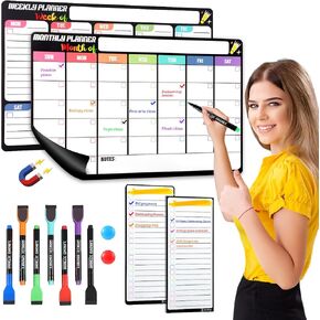 Magnetic Fridge Calendar Set, Dry Erase Fridge Calendar Bundle (4 Boards) - 12"x17" Monthly & Weekly Planning Whiteboards, 5"x12" Shopping Lists 2 Pcs, 7 Magnetic Marker + 2 Small Magnets