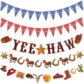 Sinmoe 5 Pcs Western Cowboy Party Decorations Bandana Pennant Banner Wild West Cowboy Banner Hanging Yee Haw Garland Western Decorations for Birthday Party Supplies
