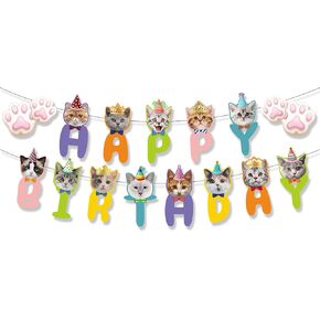 Cat Birthday Banner Cat Birthday Decoration, Cat Themed Birthday Party Supplies, Cat Face and Paw Print Happy Birthday Banner, for Boys Girls Kids Adults Pet Cat Themed Birthday Decor