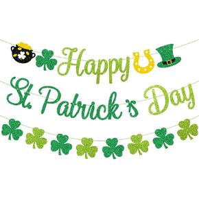 Glittery Happy St. Patrick's Day Banner Shamrock Banner Saint Pattys Day Banner St Patricks Day Shamrock Garland Decorations for Irish Lucky Day Decorations
