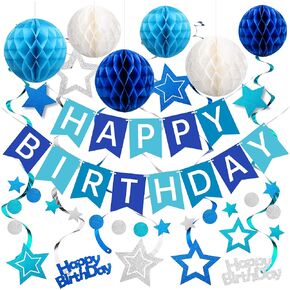 Birthday Decorations, Happy Birthday Banner with Honeycomb Balls, Swirls Set Happy Birthday Decorations Sign for Men Women Boys Girls Birthday Party Supplies Kit for Indoor Outdoor