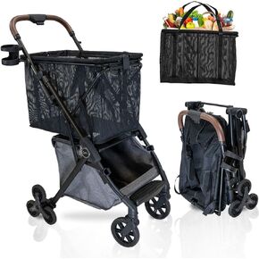 Personal Luxury Folding Shopping Cart with Stair Climbing Wheels – Lightweight Aluminum Frame – Removable Shopping Bag with Carry Strap & Lower Storage 75Lbs Capacity (Shadow v2 Stair Wheels)