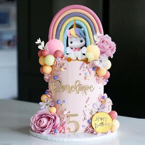 Unicorn Cake Topper Rainbow Cake Decorations with Unicorn Rainbow Flowers Balls Happy Birthday Cake Decorations for Boys Girls Kids Birthday Party Supplies