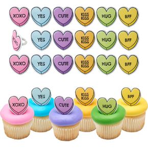 DecoPac Candy Heart Rings, 24 Cupcake Decorations For Valentine's Day, Wedding, Anniversary, Food Safe Cake Toppers - 24 Pack