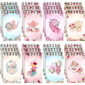 Yeaqee 24 Packs Mini Tea Party Favors Notebooks Floral Tea Party Notepads Set Vintage Teapot Spiral Pocket Notepads Memo Spiral Notebooks for Birthday Office Supplies