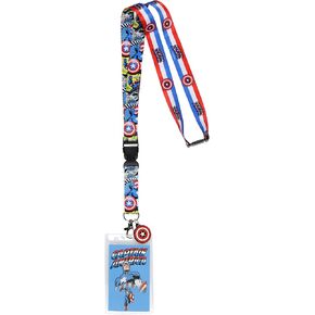 Marvel Captain America Lanyard Badge Holder Comic Scene and Shield Stripe Reversible Design with 1" Rubber Shield Pendant