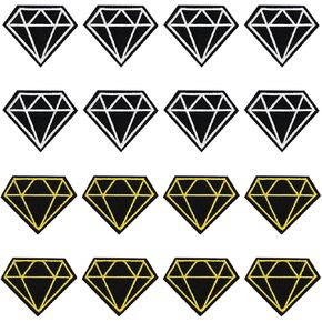 JKJF 16 Pcs Diamond Embroidery Patches - Black Gold & Silver - Geometric Metallic - Iron On & Sew On - Diamond Shaped - Fabric Applique Patches