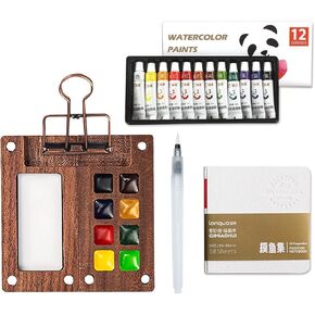 Pocket Artist Watercolor Travel Set, Travel Paint Palette, Wooden Paint Palette Travel Kit, Mini Portable Watercolor Paint Palette with Clip for Artists Painters Students (12 Colors 8 Grid Set)