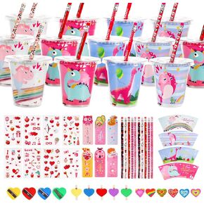 192 PCS Valentine’s Day Stationery Kids Gift Set for Classroom School Prize with Cards Pencils Erasers Sticker Sharpener Cups Ruler, Valentines Party Favor, Classmates Exchange Gift for Boys Girls